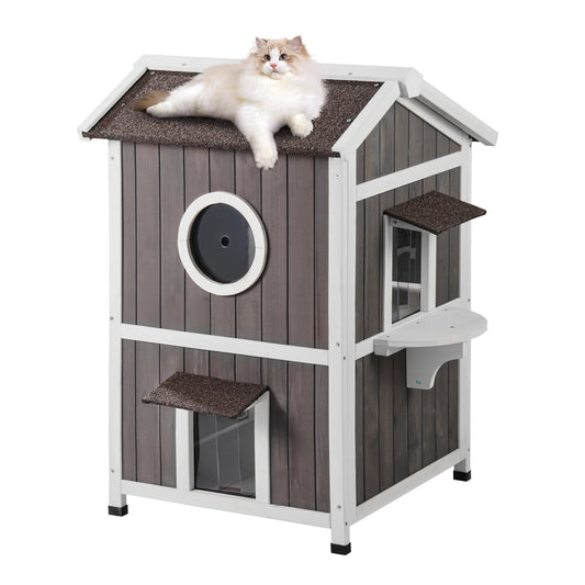 Weatherproof Outdoor Wooden Cat House for Feral & Multiple Cats