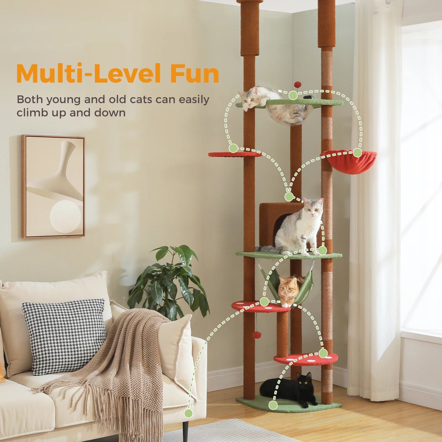 Adjustable Floor-to-Ceiling Cat Tree with Sisal Posts & Hammock