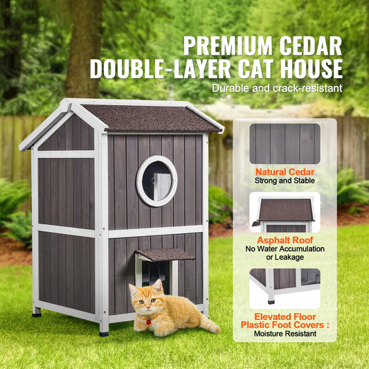 Weatherproof Outdoor Wooden Cat House for Feral & Multiple Cats